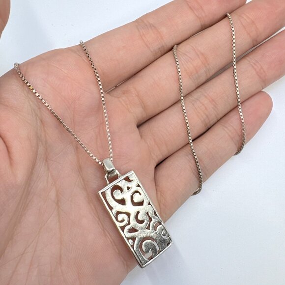 Sterling Silver 925 Scroll Design Rectangle Pendant Necklace Size 21.5" Length - Picture 7 of 14